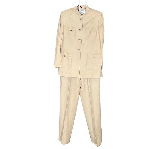 Kasper Blazer Jacket Pantsuit Womens 10 Tan Linen Rayon Classic Safari Explorer